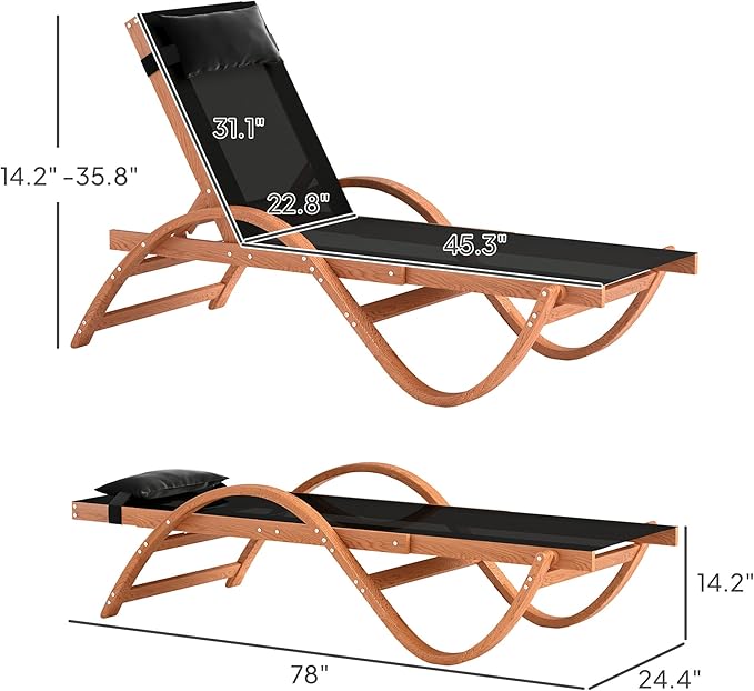 Outsunny Larch Wood Lounge Chair, 4-Level Adjustable Tanning Chair, Full Flat Patio Lounger with Mesh Seat, Outdoor Sun Chaise for Patio Beach, Black
