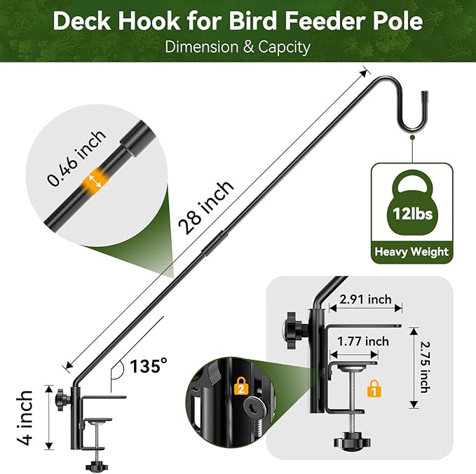 Heavy Duty Adjustable Deck Railing Hook - 28-Inch Outdoor Clamp-Mount Hanging System for Bird Feeders, Wind Chimes & Garden Decor (Fits 2.75" Thickness, Max 12lbs)