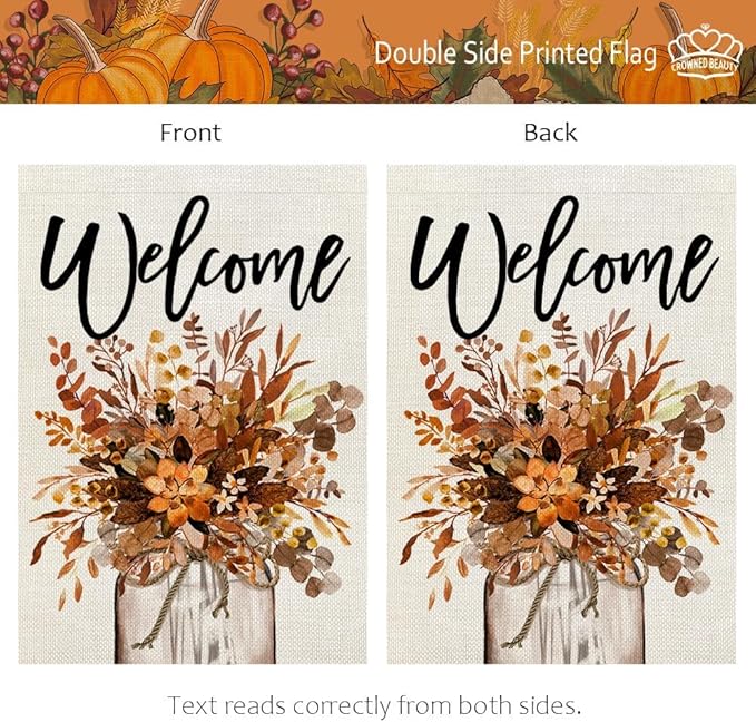 CROWNED BEAUTY Fall Garden Flag Floral Mason Jar 12x18 Inch Double Sided for Outside Small Welcome Burlap Autumn Seasonal Yard Decoration