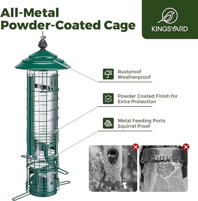 Kingsyard Squirrel Proof Bird Feeder for Outside Hanging, Weight-Activated All-Metal Wild Bird Feeders for Cardinal Finch, Detachable Base Easy to Clean, 3 LBS Capacity,Green