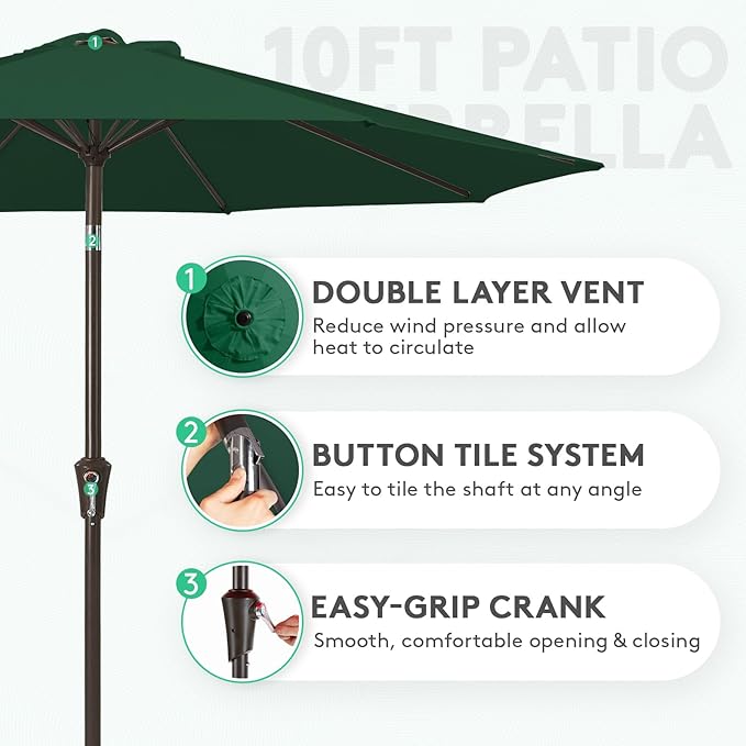JEAREY 10FT Outdoor Patio Umbrella Outdoor Table Umbrella with Push Button Tilt and Crank, Market Umbrella 8 Sturdy Ribs UV Protection Waterproof for Pool, Garden (Dark Green)