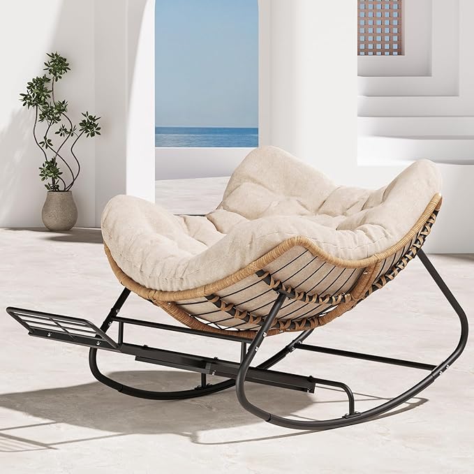 SWITTE Outdoor Papasan Rocking Chair with Adjustable Footrest, Oversized Wicker Zero-Gravity Chair with Cushion, All-Weather Lounge for Patio, Living Room-Cream