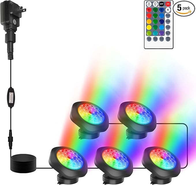 RGBW Pond Lights with Timer,18 LED Super Bright Underwater Submersible Fountain Lights,Remote Control IP68 Waterproof Color Changing Spotlights for Fish Aquarium Tank Garden Pool (Set of 5)