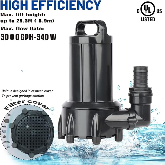 OYO WATER 3000GPH Submersible Outdoor Inline Pond Pump High Head Water Pump for Garden Waterfall Fountain Water Circulation for Koi Fish Pond