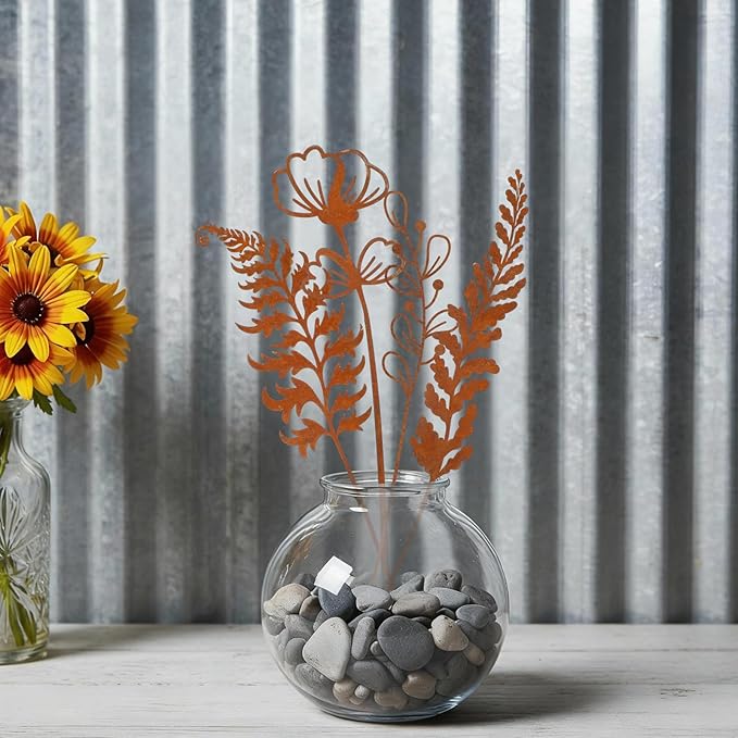 12 Pack Rusty Metal Garden Stakes, Rustic Garden Decor Decorative Metal Wildflower for Outside Plants Stakes Iron Art Outdoor for Lawn Yard Walkway