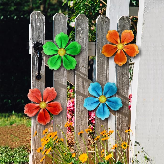 Giyyomtr Metal Flowers Wall Decor - 4pcs Metal Wall Art Hanging Decorations for Outdoor Fence Garden Yard Patio Decor, Gift for Mom Friends