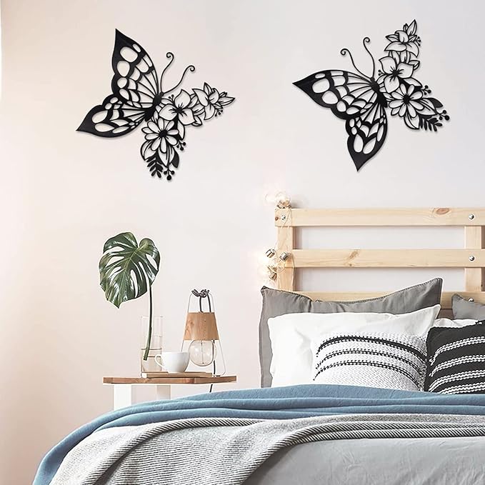 EZ4ENCE 2pcs Butterfly Decoration Boho Wall Art Hanging Appearance Metal Hanging Butterfly Decor Flower Wall Art for Bedroom Living Room Home, Black (Medium)