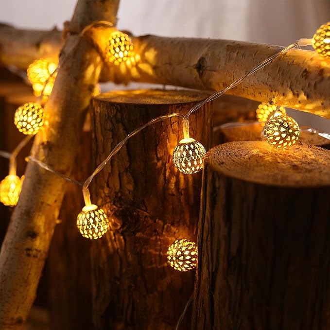LED Moroccan Fairy Lights - 40 Indoor/Outdoor Battery Operated String Lights with 8 Modes - Waterproof Globe Lights for Home, Patio, Wedding, Diwali, Christmas Decor - Warm White
