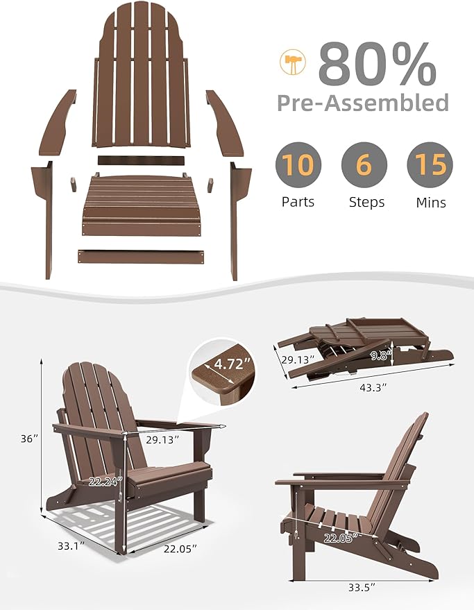 Folding Adirondack Chair - Durable HDPE Poly Lumber All-Weather Resistant, Foldable Oversized Balcony Porch Patio Outdoor Chair for Lawn, Backyard, Deck, Garden, Camping - Easy Installation, Teak