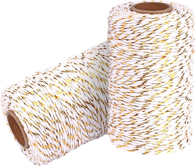 Cotton Twine String Bakers Rope: 2 Roll Twines for Crafts Gift Wrapping - 656 Feet Gold Wire White Twine for Kitchen Cooking