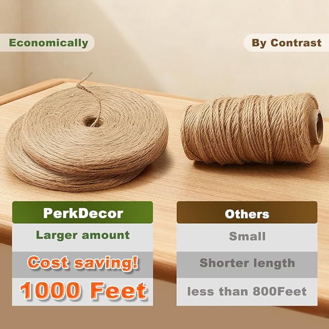 1000FT Natural Jute Twine String Bulk Hemp Rope Cord for Crafts Gardening Gift Wrapping Wedding Décor Packing Material Burlap Ribbon Christmas Knitting Macrame Decoration (Brown 2mm* 1000ft)