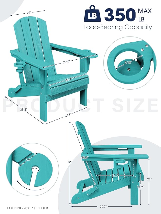 KINGYES Folding Adirondack Chair with Dual Cup Holders - HDPE All-Weather Outdoor Chairs, Wood-Like Patio Chair for Backyard, Camping, Pool & Fire Pit, Aruba