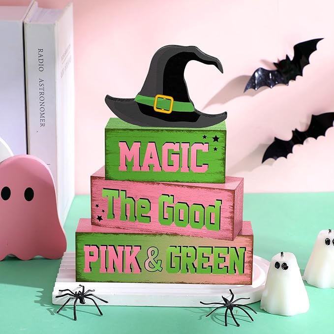 4 Pcs Pink Green Party Decorations Witch and Princess Table Decor Witchy Hat Wooden Signs Farmhouse Pink Green Witch and Princess Table Centerpiece for Home Office Desk Shelf Party Decorations