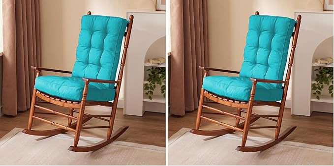 Rocking Chair Cushion, Waterproof and Fade-Resistant Patio Chair Cushions, Tufted Chair Pads for Rocker Furniture, 17x17 Inch, Indoor/Outdoor Seat Cushions with Ties, Teal Blue (Pack of 2)