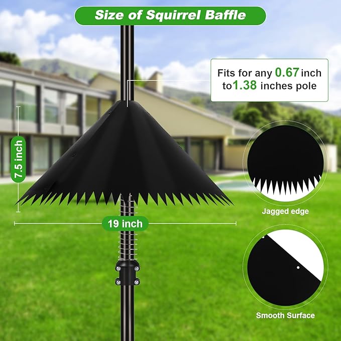 Squirrel Baffle for Bird Feeder Pole, Outdoor Squirrel Guard with Stainless Steel Spring for Shepherd's Hook, Squirrel Stopper for Bird Houses, 19 inch Black