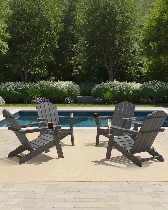 Adirondack Chairs Set of 4, HDPE Material Fire Pit Chairs, Plastic Adirondack Chairs with 2 Cup Holder, Outdoor Lawn Chair for Patio Garden, Dark Grey