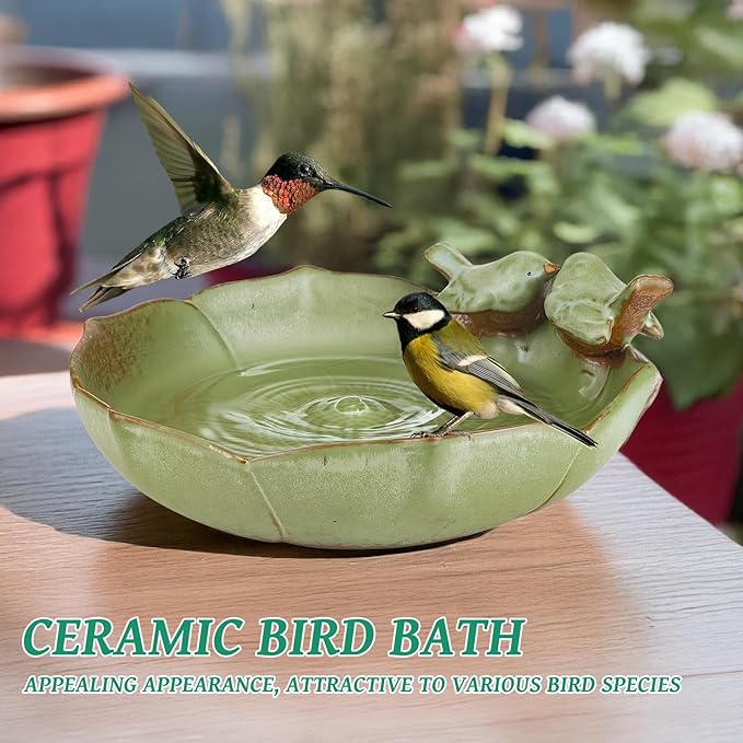 Ceramic Bird Bath Bowl for Outdoors, 9.45-Inch Ground & Tabletop Garden Decor, Weather-Resistant Birdbath for Deck, Balcony, Lawn - Easy Clean Bowl Only - Sage Color