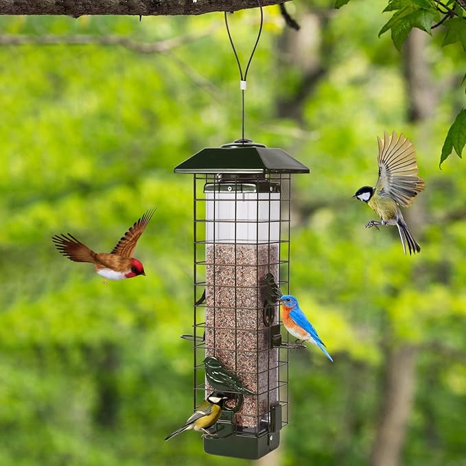 Squirrel Proof Bird Feeder, Metal Mesh Bird Feeder for Outside, Large Capacity and 4 Ports Perches (Green)