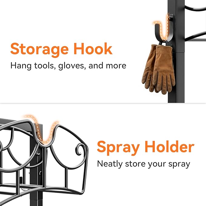 Garden Hose Holder Stand, Freestanding Metal Water Hose Storage Rack with Hooks for Outside Yard Lawn, Heavy Duty