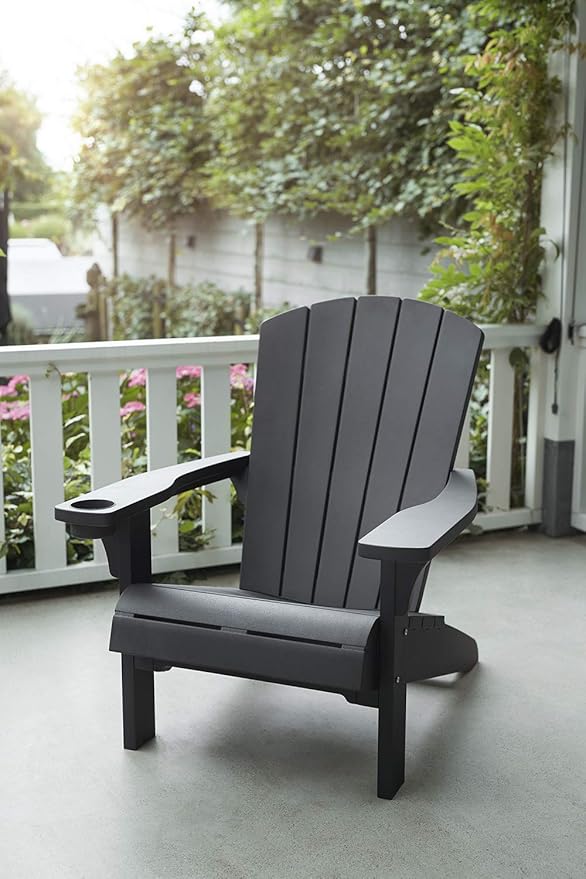 Keter Alpine Adirondack 2 Pack Resin Outdoor Furniture Patio Chairs with Cup Holder-Perfect for Beach, Pool, and Fire Pit Seating, Dark Grey