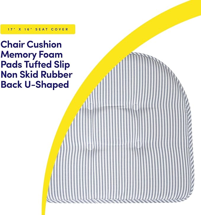 Sweet Home Collection Chair Cushion Memory Foam Pads Tufted Slip Non Skid Rubber Back U-Shaped 17" x 16" Seat Cover, 6 Count (Pack of 1), Pinstripe Blue