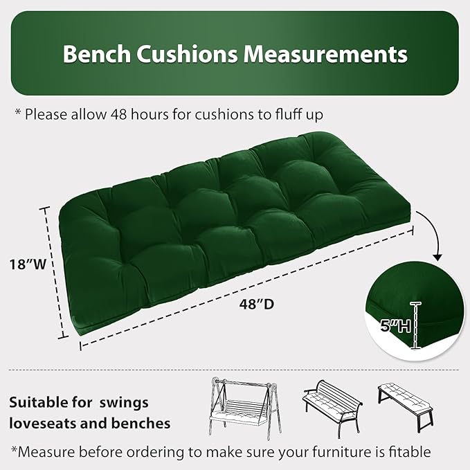Tufted Bench Cushions for Outdoor Furniture, 48" x 18" Porch Swing Cushions Filled with Foam, Overstuffed Patio Cushions for Bench Loveseat with 2-3 Seats,Thick and Water Resistant, Forest Green