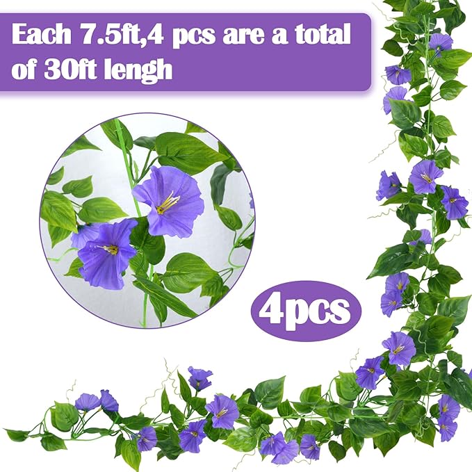 GTIDEA Artificial Vines 15Feet Silk Flower Garland Purple Morning Glory Vine Artificial Flowers Hanging Plants Garland Fake Green Plant 4Pcs for Outdoors Wall Fence Indoor Wedding Banquet Decor