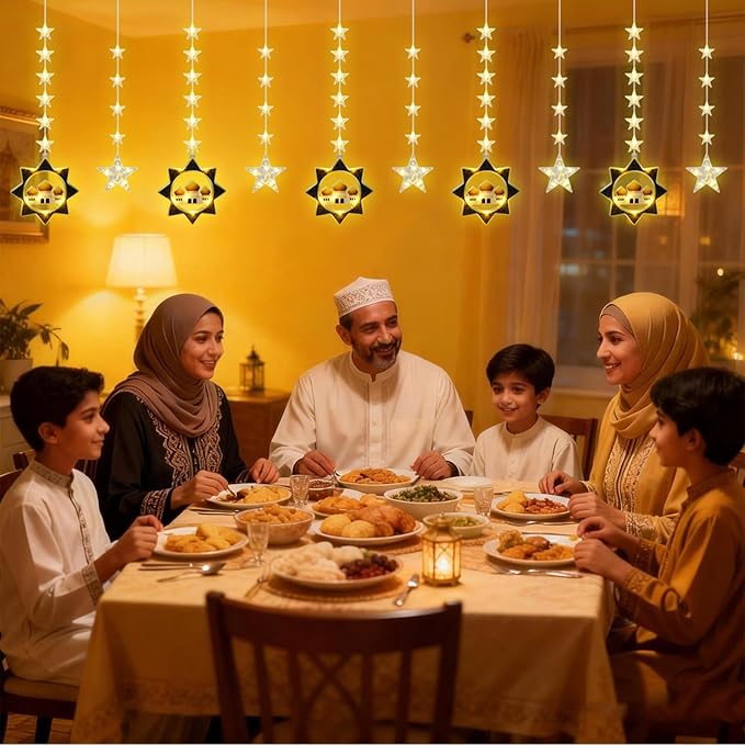 Vigdur Ramadan Star Curtain Lights, 120 LEDs Eid Mubark Castle Curtain Fairy Lights with Remote & 8 Lighting Modes, Ramadan Decoration Lights for Home Holiday Eid Decorations(10FT)