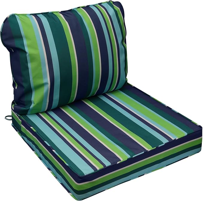 AAAAAcessories Outdoor Seat Cushions for Chairs, Fade-Resistant, Waterproof Patio Furniture Replacement Cushions, 25.5" x 25.5" x 5" + 25.5" x 19", Stormy Teal Coastal Stripe