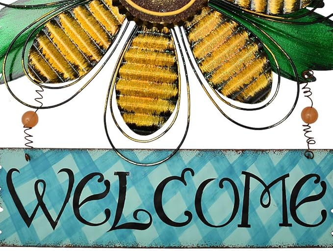 Large Rustic Metal Yellow Flower Welcome Wall Art Decor Hanging Metal Flower Welcome Door Wreath Kitchen Living Room Bathroom Patio Garden Yard Wall Decoration