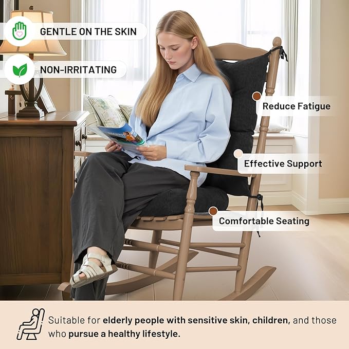 Lokex Rocking Chair Cushion 4 Inch Extra Thick, Cushions for Rocking Chairs Set of Seat and Back with Ties, Linen Fabric Indoor Outdoor Rocker, 17x21 & 17x17 Inches (Black)