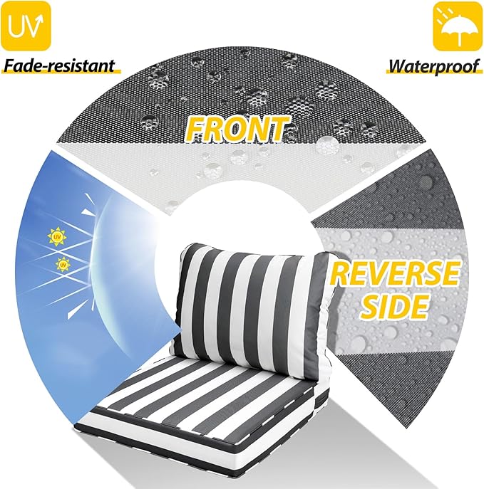 AAAAAcessories Outdoor Seat Cushions for Chairs, Fade-Resistant, Waterproof Patio Furniture Replacement Cushions, 21" x 21" x 3" + 21" x 17", Gray Cabana Stripe