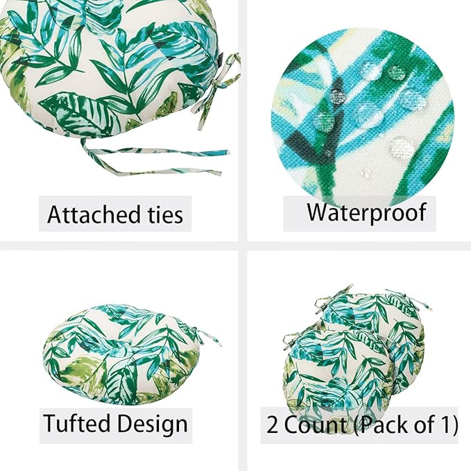 Bistro Chair Cushions 15 inch,Set of 2,Tufted Tropical Round Chair Cushions with Ties,15"x15"x4",Water Resistant Round Seat Cushion for Barstool,Patio Garden Kitchen Outdoor Furniture(Palm Leaf)
