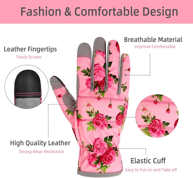 Leather Gardening Gloves for Women, Flexible Breathable Garden Gloves, Thorn Proof Working Gloves for Weeding, Digging and Pruning, Small, Pink