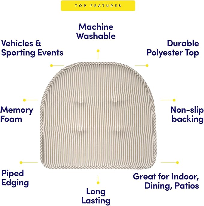Sweet Home Collection Chair Cushion Memory Foam Pads Tufted Slip Non Skid Rubber Back U-Shaped 17" x 16" Seat Cover, 4 Count (Pack of 1), Pinstripe Taupe