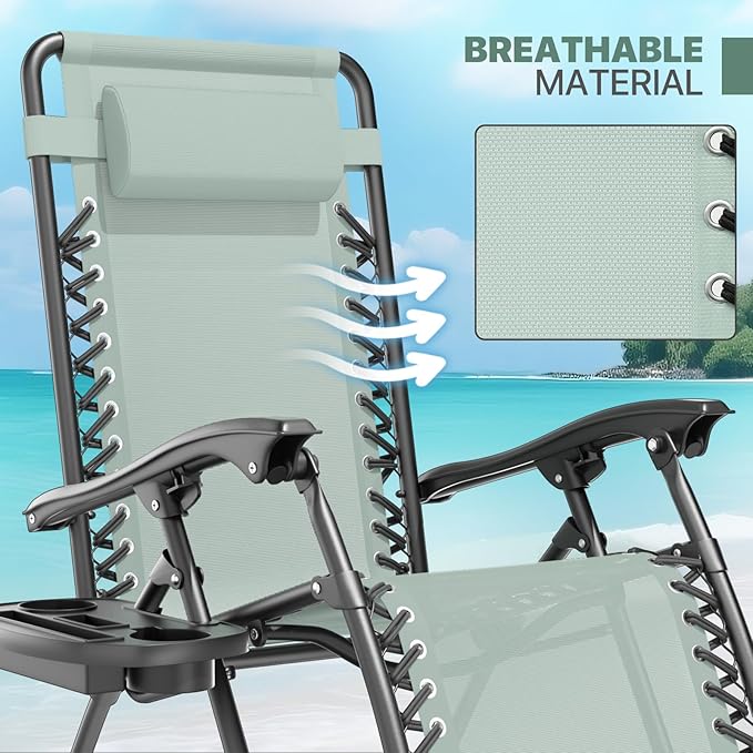 Magshion Zero Gravity Lounge Chairs Set of 2, Outdoor Patio Reclining Chair with Side Tray, Adjustable Anti-Gravity Recliners with Pillow Headrest, Folding Lounger for Lawn Camping Beach, Sage Green