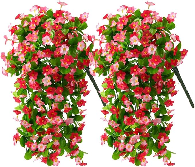 2 Pack Artificial Hanging Flowers, Fake Flowers Hanging Plant Violet Flower, Artificial Faux Silk Spring Flower for Wall Front Door Yard Garden Wedding Outdoor Decoration(Deep Pink)