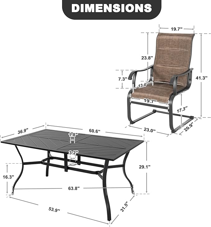 NUU GARDEN 7 Piece Patio Dining Set, 6 Padded Textilene Chairs and 61 Inch Rectangular Table with Umbrella Hole, Outdoor Dining Furniture for Garden and Patio, Brown and Black