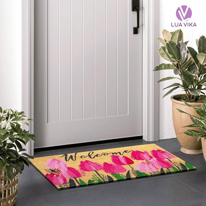 Coir Doormat, Front Door mats Outdoor, Funny Welcome mat Outdoor, Front Door mat for Home Entrance, Door mat Outside Entrance, Welcome mat Indoor 16"x27.5" (Tulips)