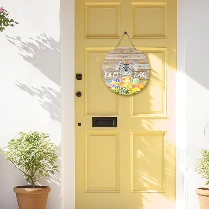 Happy Easter Bunny Door Signs Easter Eggs Rabbit Front Door Hanger Spring Wooden Porch Door Hanging Sign for Holiday Farmhouse Party Decorations