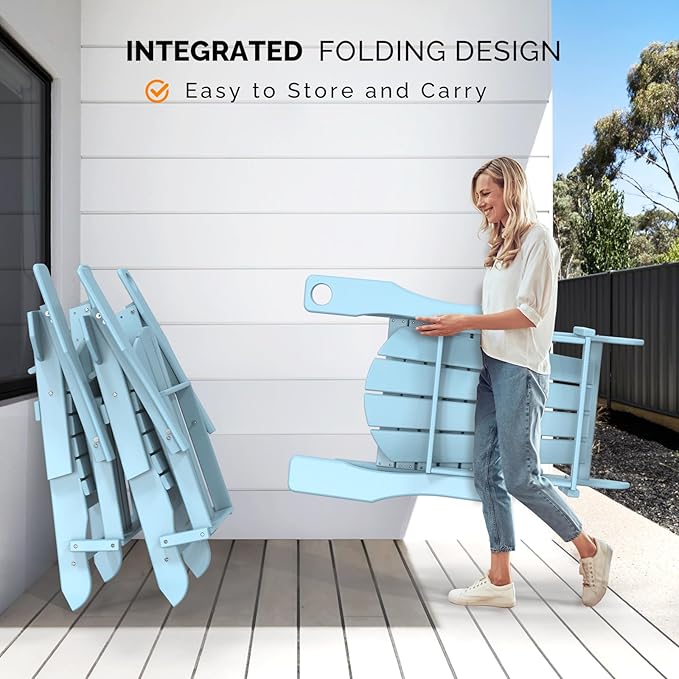 VINGLI Folding Adirondack Chair with Ottoman, Waterproof Plastic HDPE Firepit Chair for Outside with Hidden Footrests, Foldable Ergonomics Seating for Patio Porch Yard Garden(Blue)