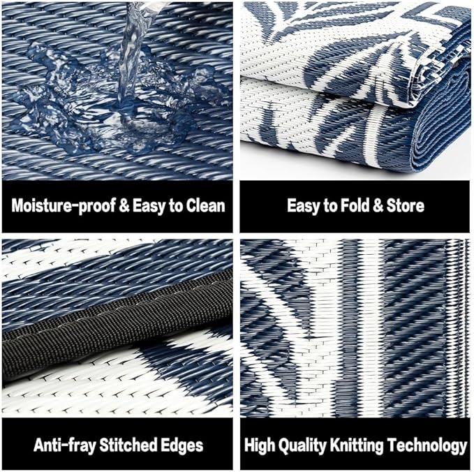 HUGEAR Outdoor Plastic Straw Rug, Waterproof Mat, Washable Large Floor Mat and Rug for Outdoors, RV, Beach, Patio, Camping, Backyard, Deck, Picnic,Indoor Outside (8x10ft,Olive-Leaf/Dark Blue&White)