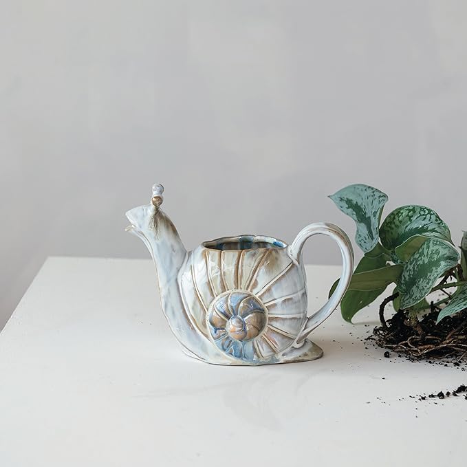 Creative Co-Op 26-Ounce Snail Shaped Stoneware Watering Can, Multicolor