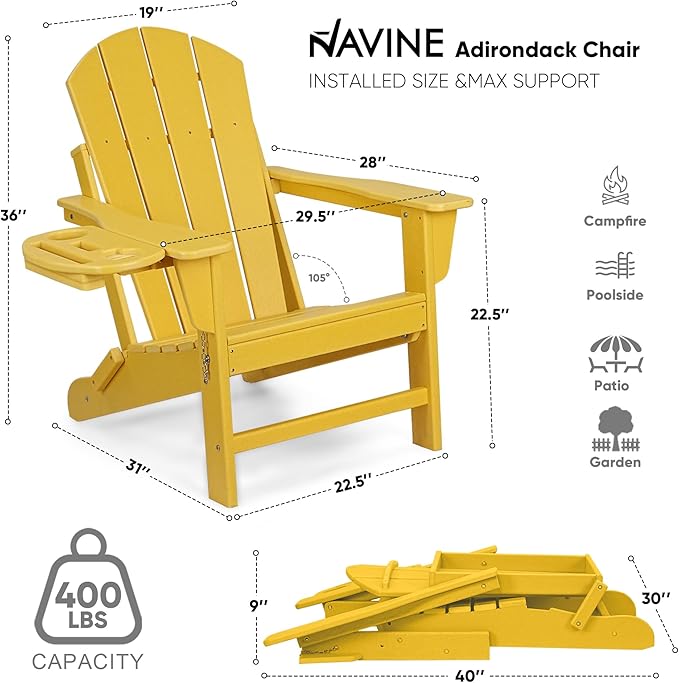 Adirondack Chair Set of 2, HDPE Folding Adirondack Chair with Multifunctional Cup Holder, Weather Resistant Fire Pit Chair for porches, patios, patios, poolsides, Decks.