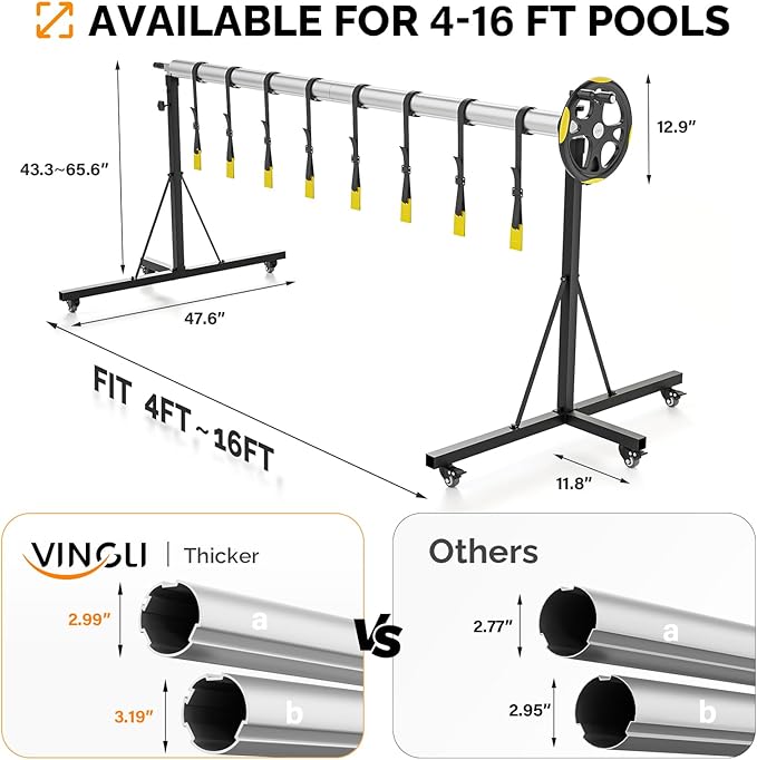 VINGLI 16 FT Pool Cover Reel for Aboveground Swimming Pools, Waterproof Aluminum Pool Solar Cover Reel with Adjustable Width & Height & Extra 4 Sandbags & Caster Wheels (2025 Version)