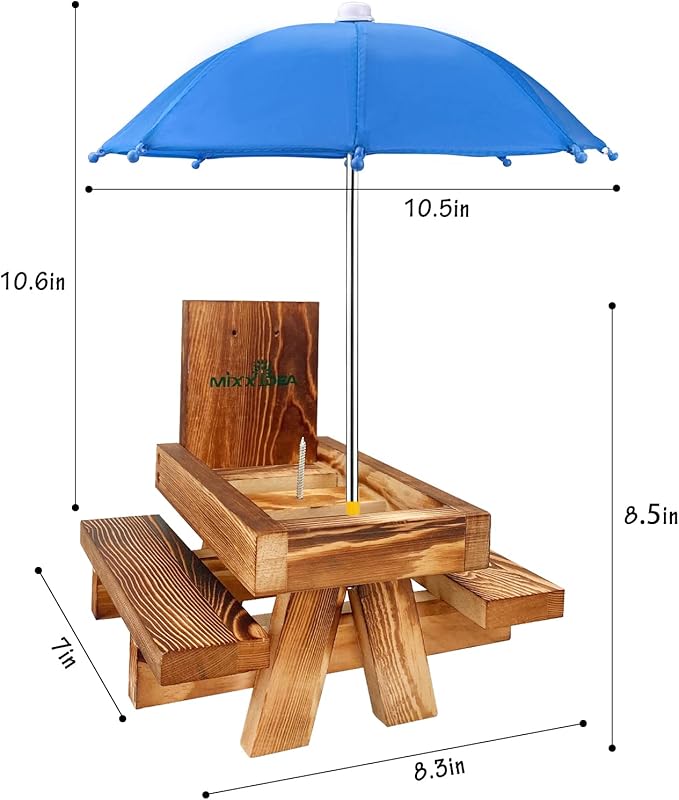 MIXXIDEA Squirrel Feeder Picnic Table with Tall Umbrella, Wooden Squirrel Feeders for Outside, Cute Chipmunk Feeder with Corn Cob Holder, Solid Structure, Thick Wood (Rustic Brown Red Umbrella)