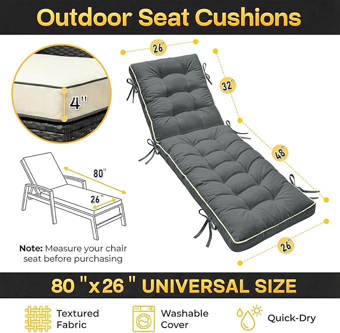 80x26 Inch Folding Chaise Lounge Cushion Quick Dry - Outdoor Sun Lounger Seat Pad with Shredded Foam for Patio Furniture, Deck Chairs, Poolside (Gray, 80 INCH × 26 INCH)