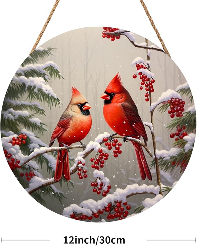 Winter Red Cardinal Bird Door Sign For Front Door Decor,Holly Berry Branches Snow Wooden Sign 12"x 12" Round Wood Hanging Door Sign Winter Decoration for Wall Rustic Decor