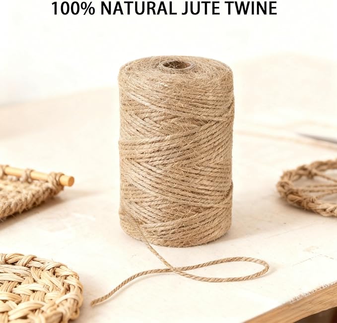 2mm 328 Feet Natural Jute Twine, for Crafts Gift, Craft Projects, Wrapping, Bundling, Packing, Holiday Packaging Twine, Gardening and More, Jute Rope to Use Around The House and Garden