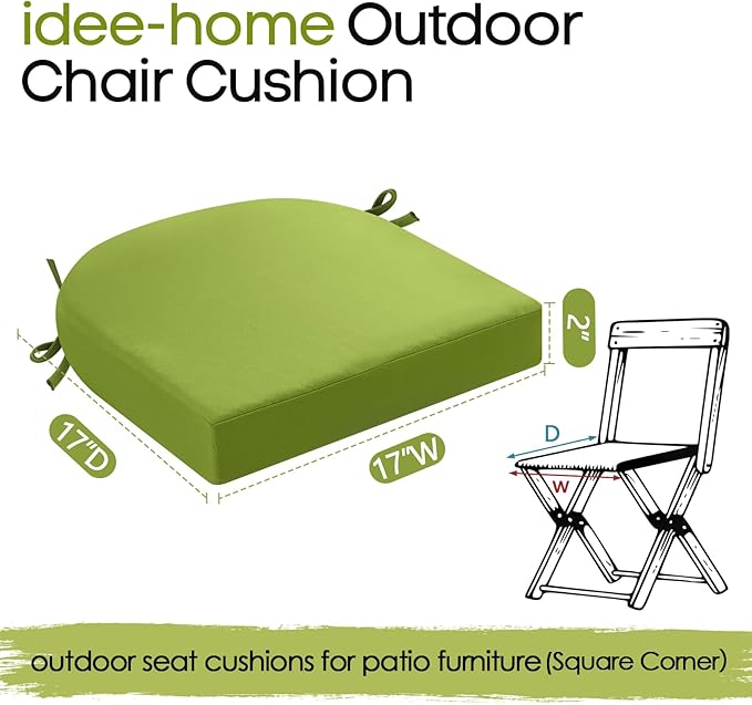 idee-home Outdoor Chair Cushions Set of 2, Thick 17" x 17" x 2" Outdoor Seat Cushions Patio Furniture Waterproof with Ties, Dining Pads